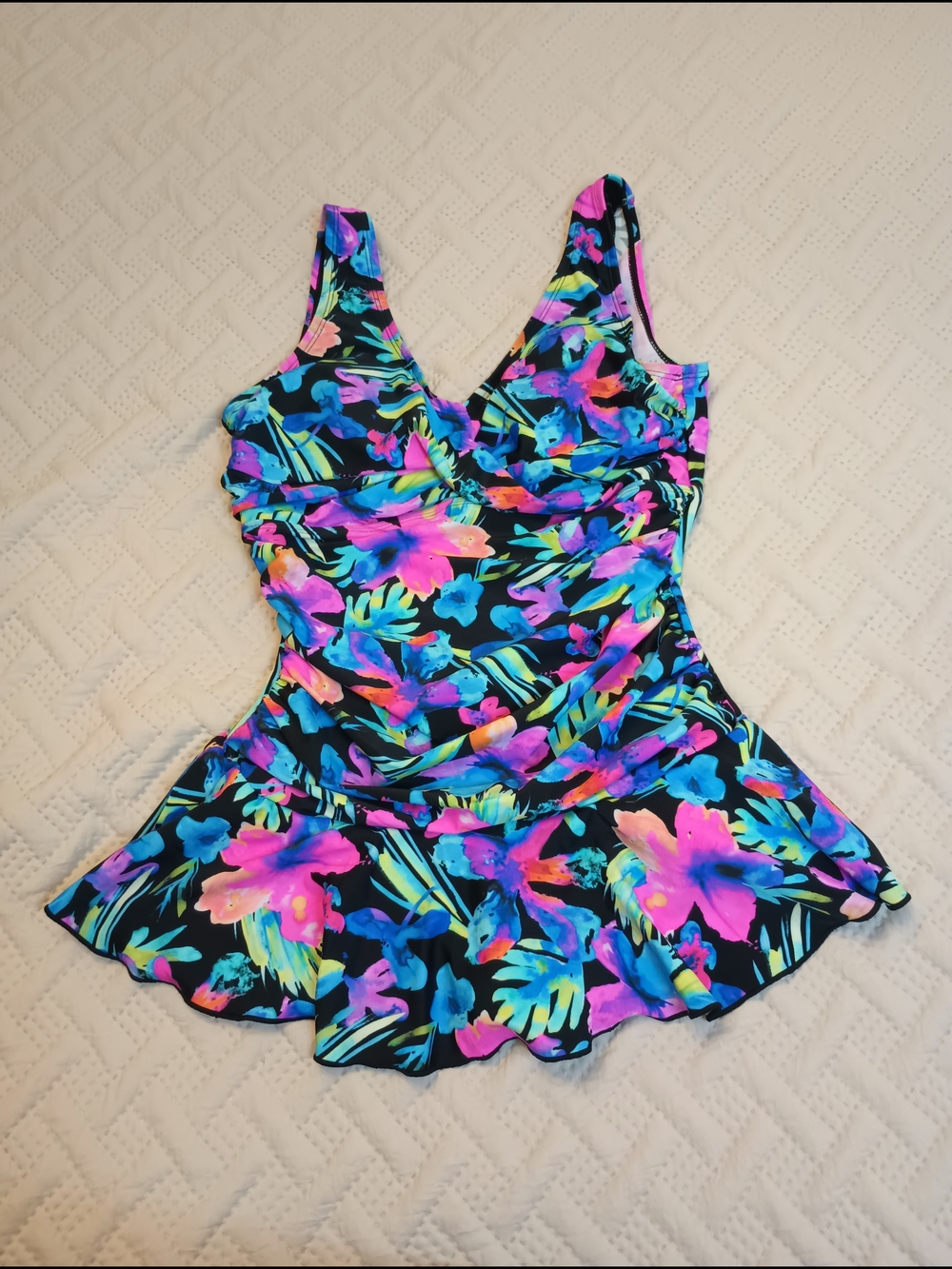 Ceeb Floral Ruffle Swimdress One-Piece in Black with Neon Flowers 10